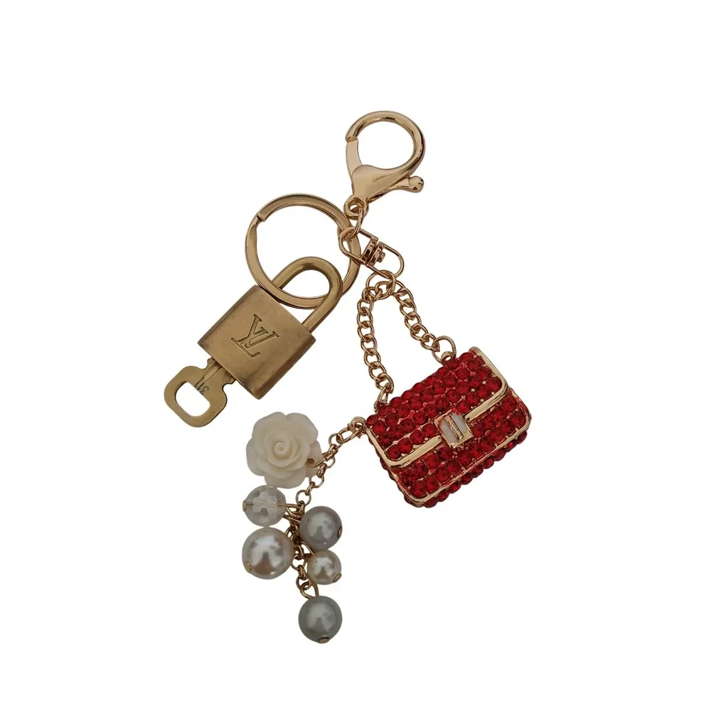 Louis Vuitton Authentic Padlock 311 Key Red Rhinestone Purse Pearl Bag Charm